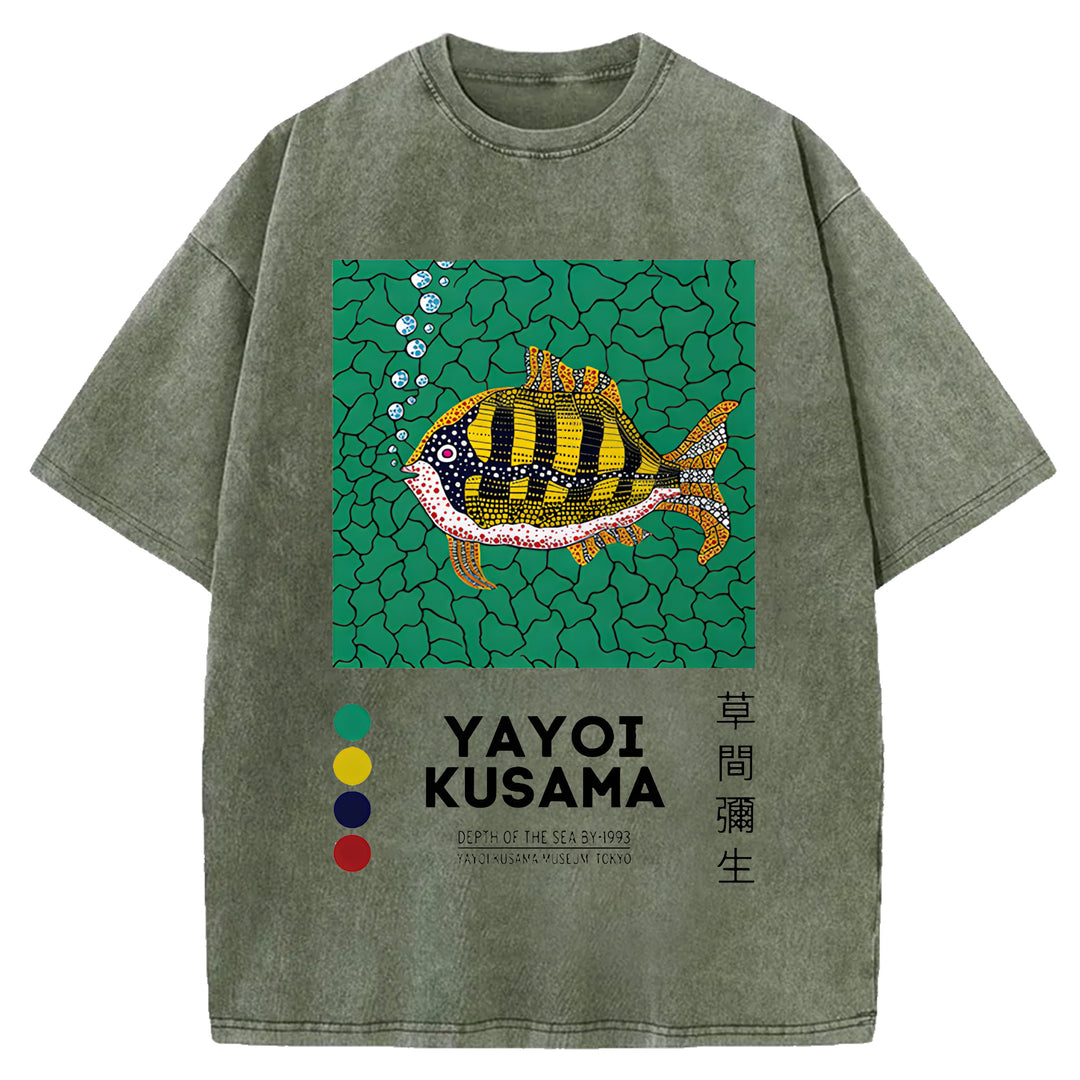 Yayoi Kusama Flower Vintage Japanese Design Washed Crew Neck T-Shirt