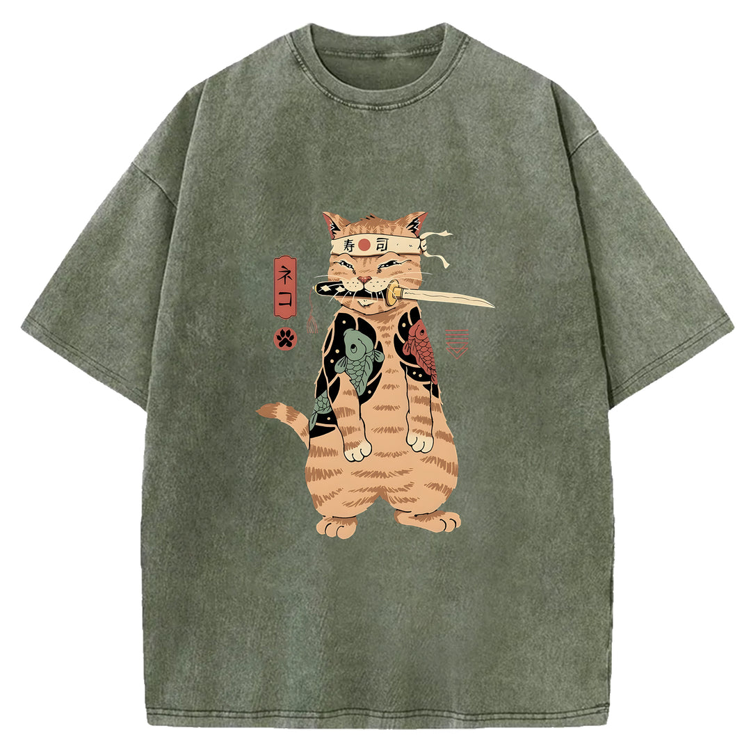 Japanese Samurai Cat Washed Crew Neck T-Shirt