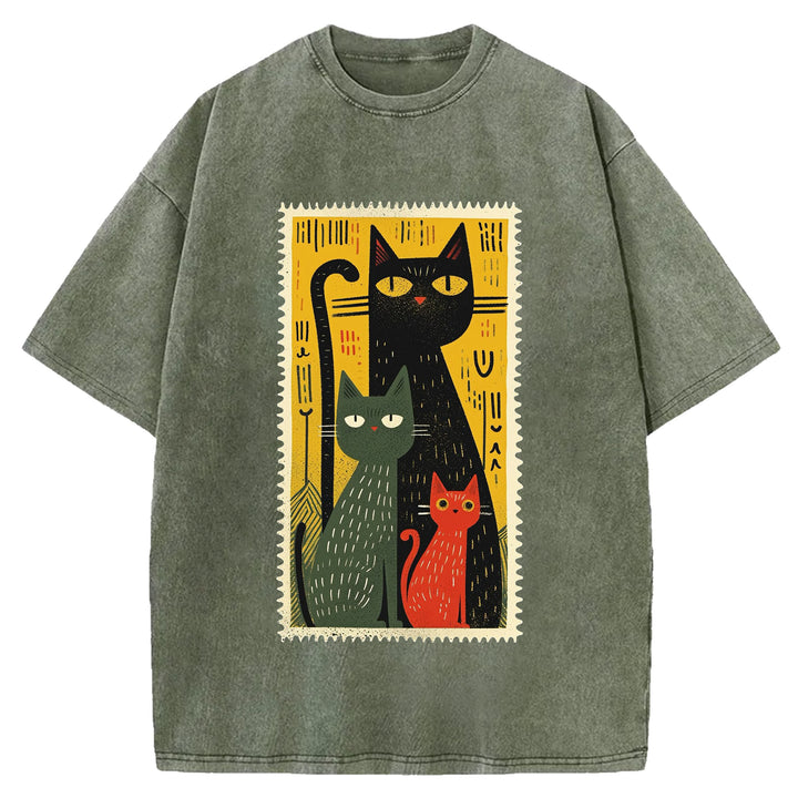 Vintage Cat Design Washed Crew Neck T-Shirt