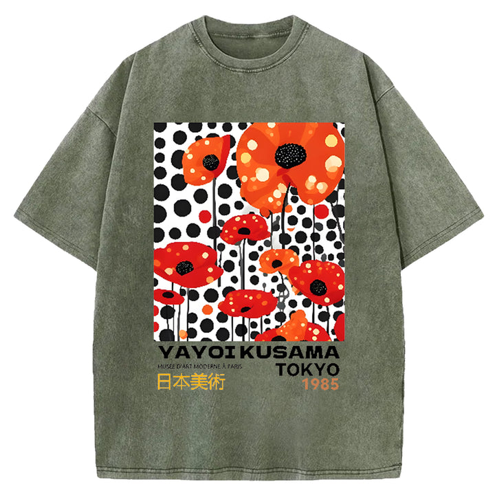 Yayoi Kusama Flower Vintage Japanese Design Washed Crew Neck T-Shirt
