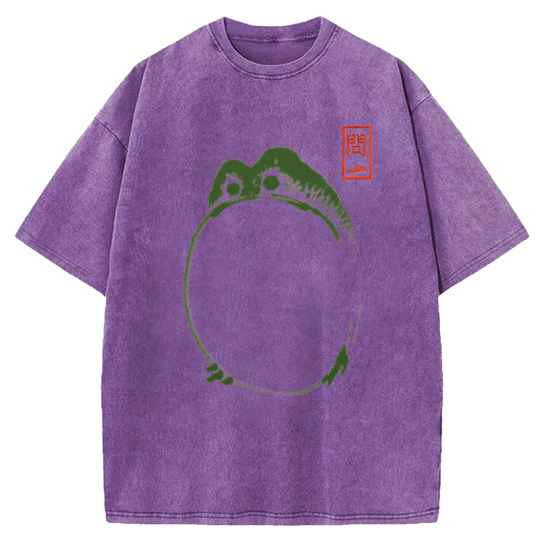 Retro Frog Design Washed Crew Neck T-Shirt