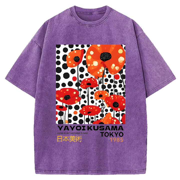 Yayoi Kusama Flower Vintage Japanese Design Washed Crew Neck T-Shirt