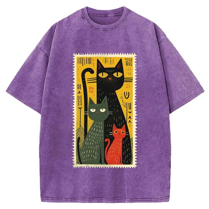 Vintage Cat Design Washed Crew Neck T-Shirt