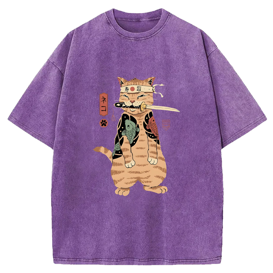 Japanese Samurai Cat Washed Crew Neck T-Shirt