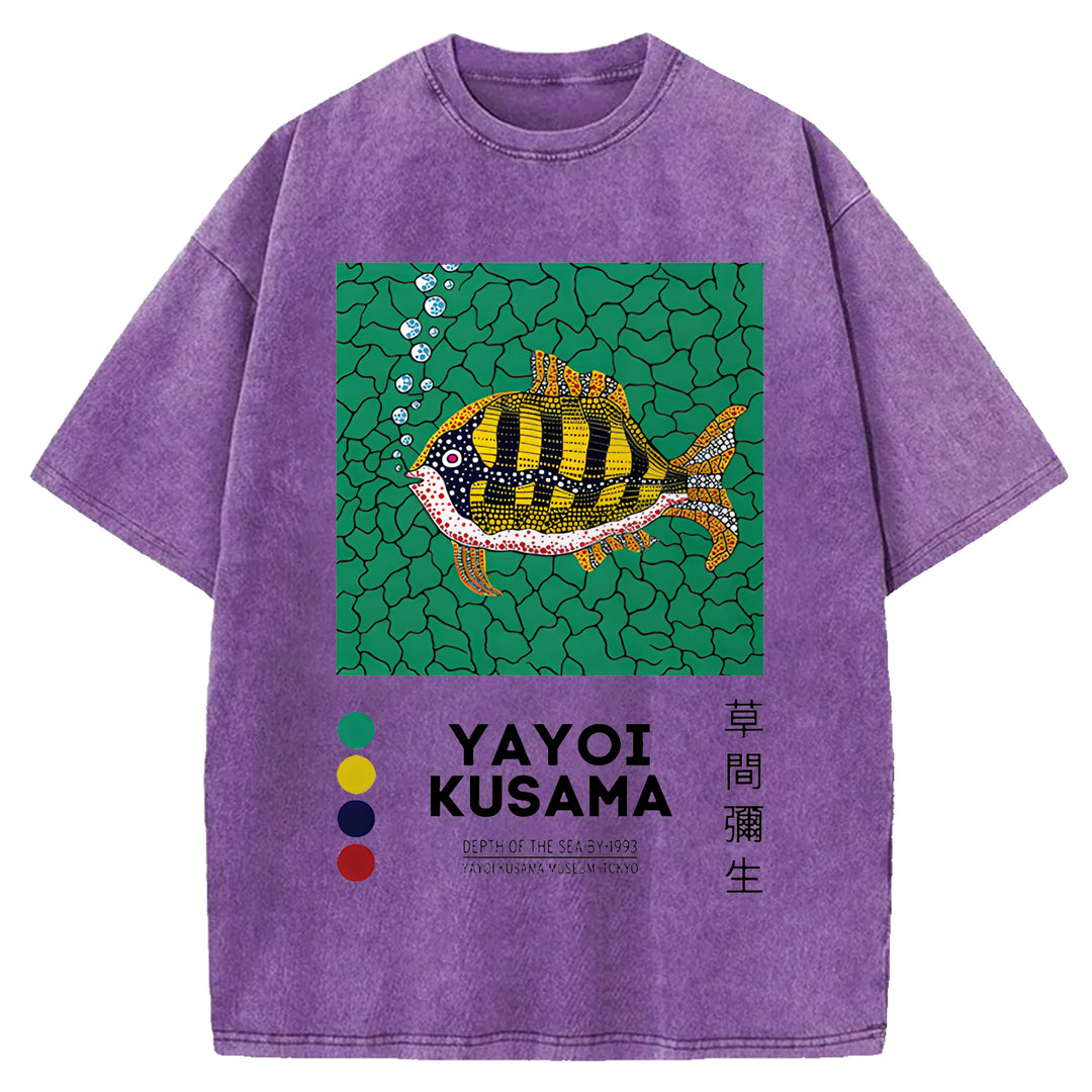 Yayoi Kusama Flower Vintage Japanese Design Washed Crew Neck T-Shirt