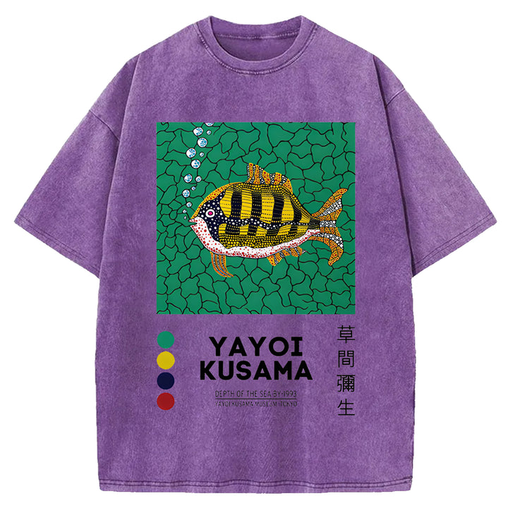 Yayoi Kusama Flower Vintage Japanese Design Washed Crew Neck T-Shirt