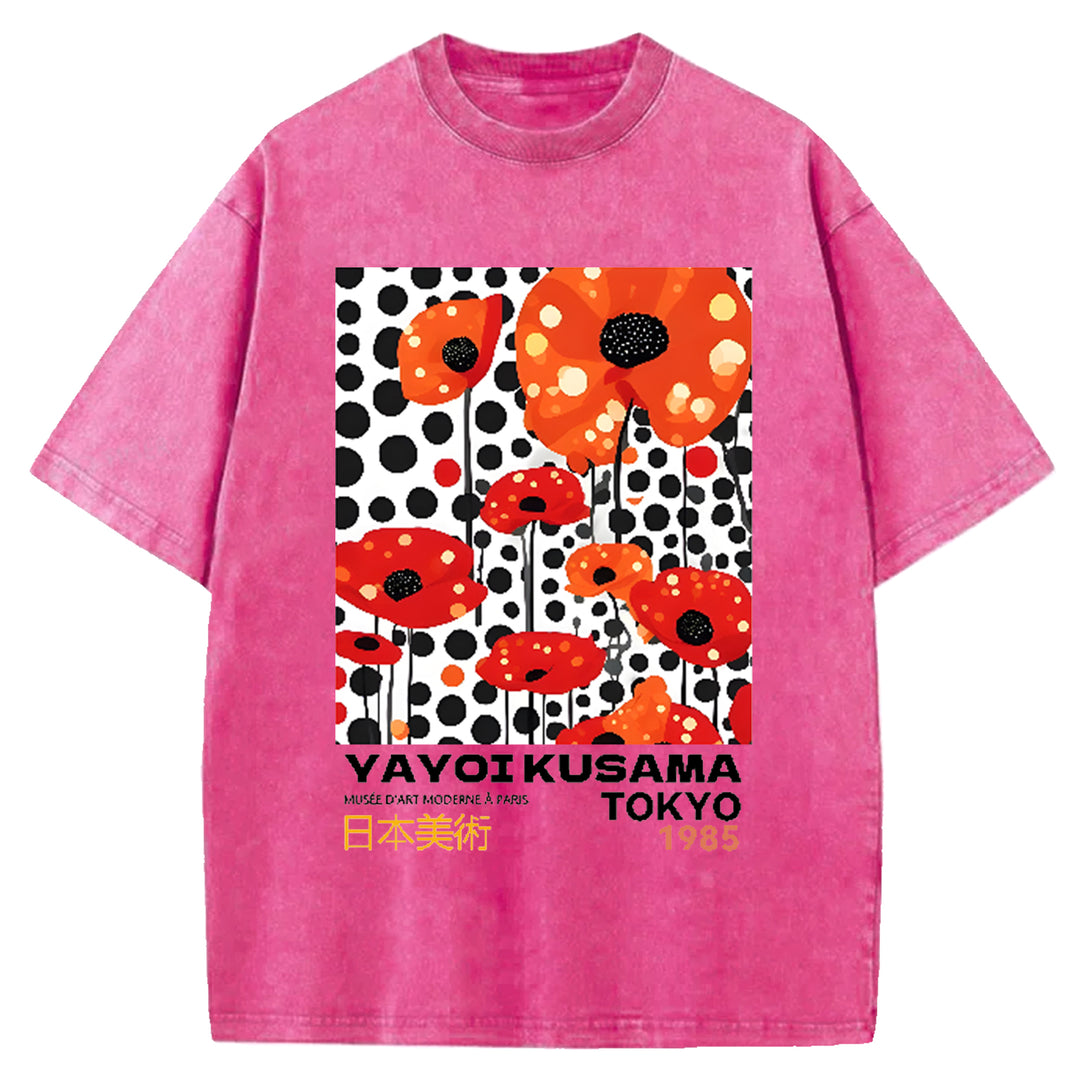 Yayoi Kusama Flower Vintage Japanese Design Washed Crew Neck T-Shirt