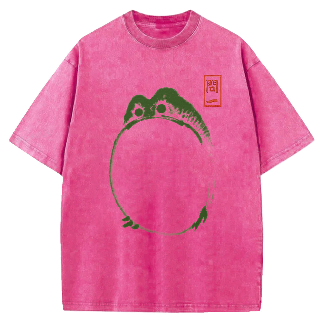 Retro Frog Design Washed Crew Neck T-Shirt