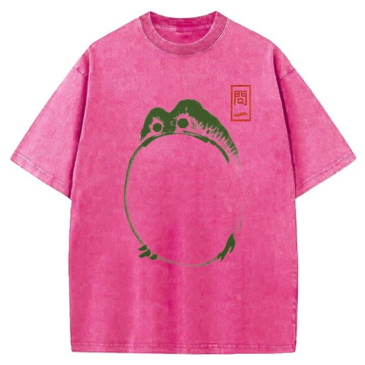 Retro Frog Design Washed Crew Neck T-Shirt
