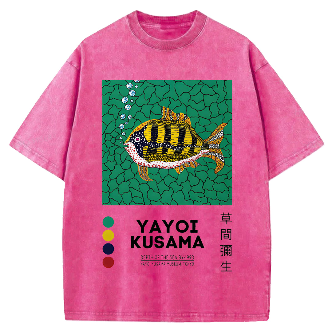 Yayoi Kusama Flower Vintage Japanese Design Washed Crew Neck T-Shirt