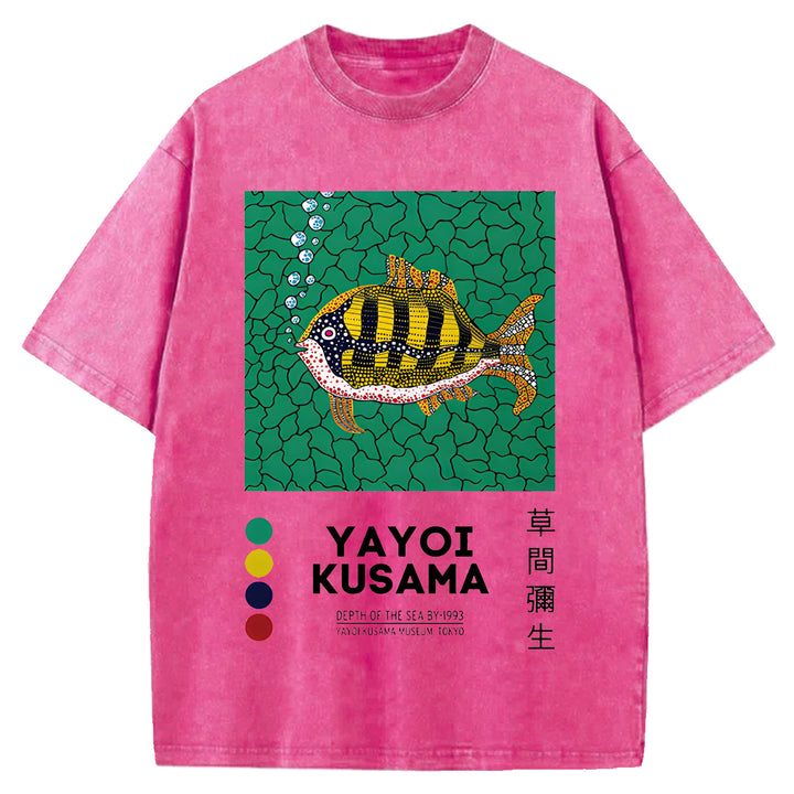 Yayoi Kusama Flower Vintage Japanese Design Washed Crew Neck T-Shirt