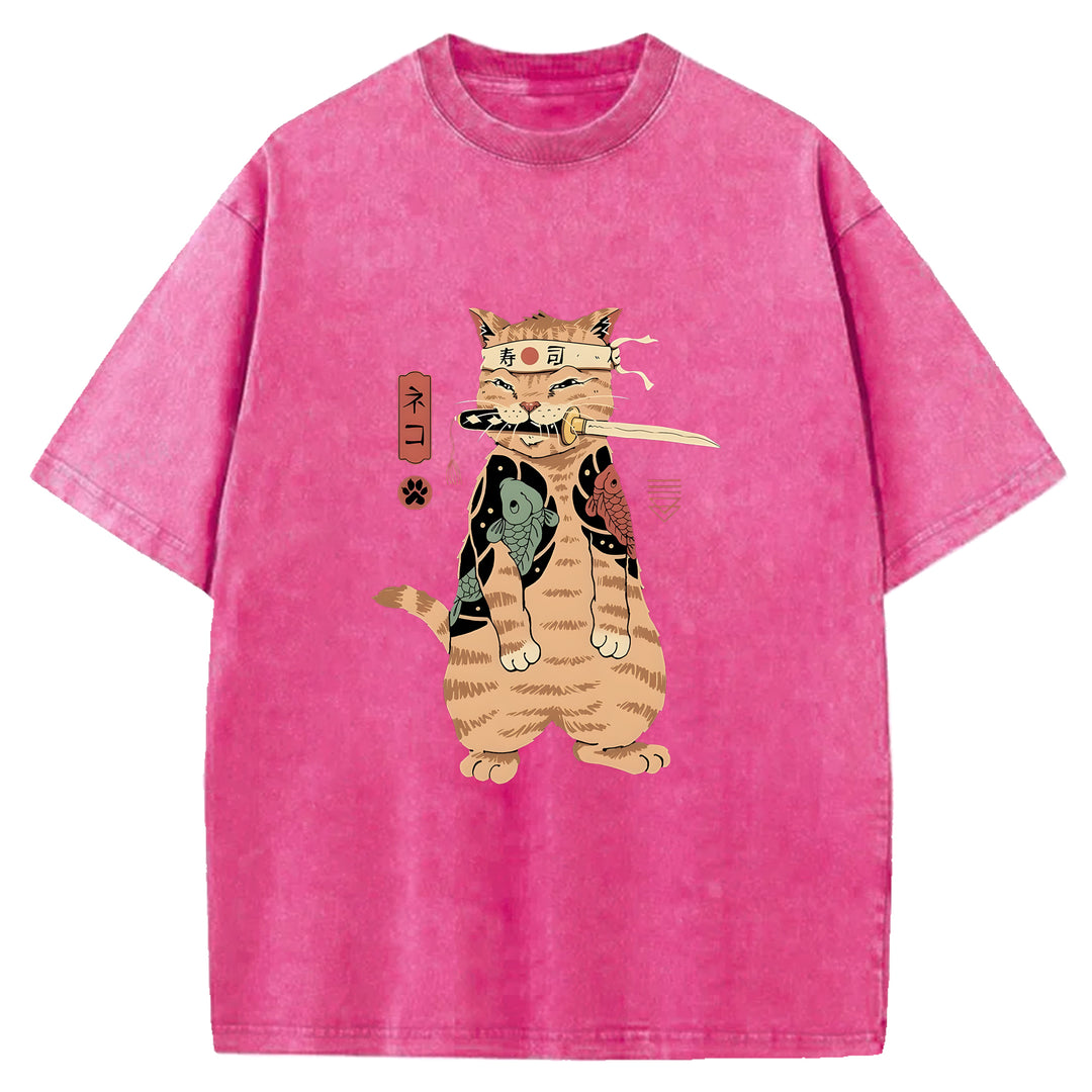 Japanese Samurai Cat Washed Crew Neck T-Shirt