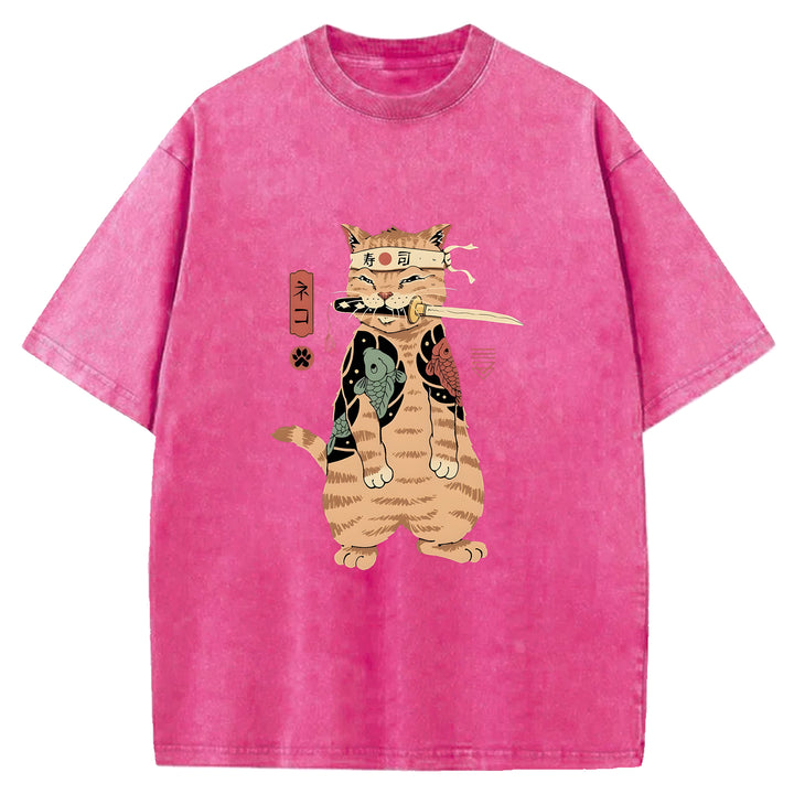 Japanese Samurai Cat Washed Crew Neck T-Shirt