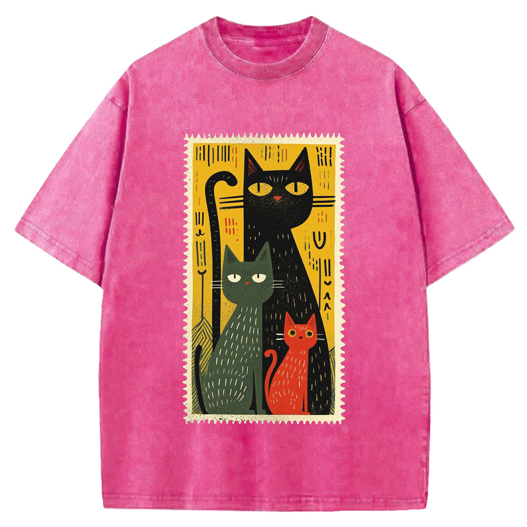 Vintage Cat Design Washed Crew Neck T-Shirt
