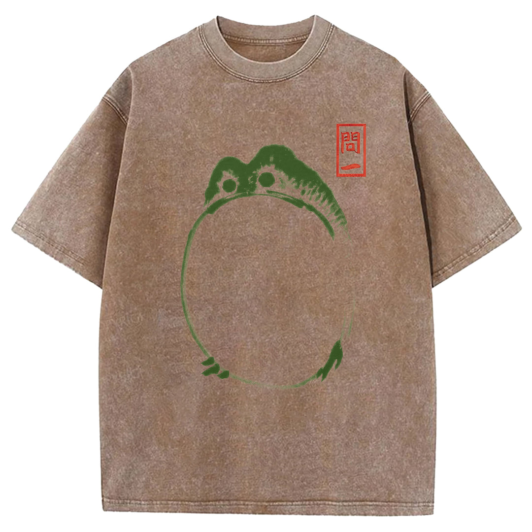 Retro Frog Design Washed Crew Neck T-Shirt