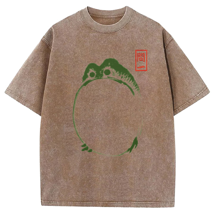 Retro Frog Design Washed Crew Neck T-Shirt