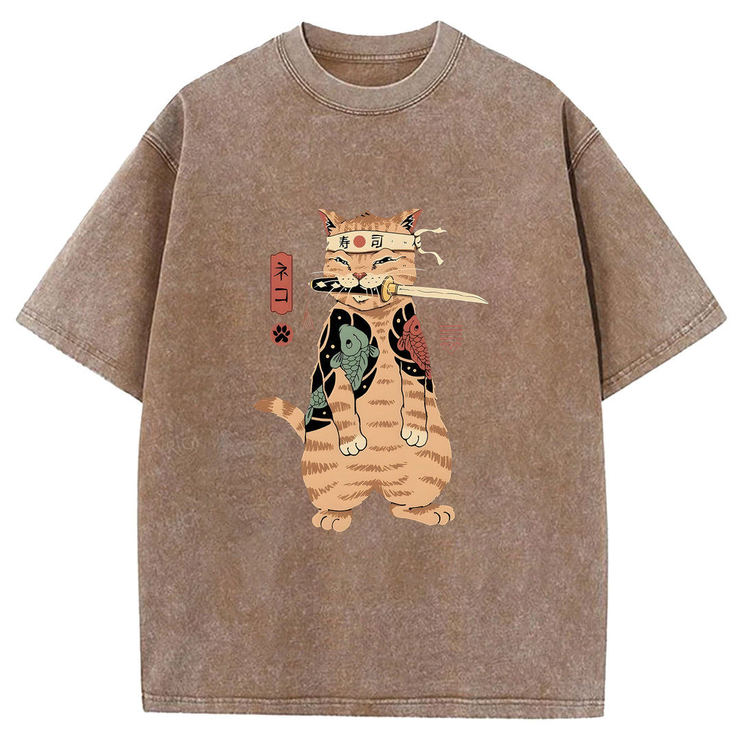 Japanese Samurai Cat Washed Crew Neck T-Shirt