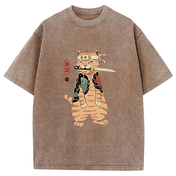 Japanese Samurai Cat Washed Crew Neck T-Shirt