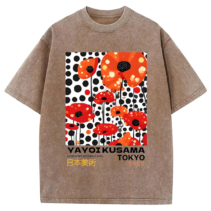 Yayoi Kusama Flower Vintage Japanese Design Washed Crew Neck T-Shirt