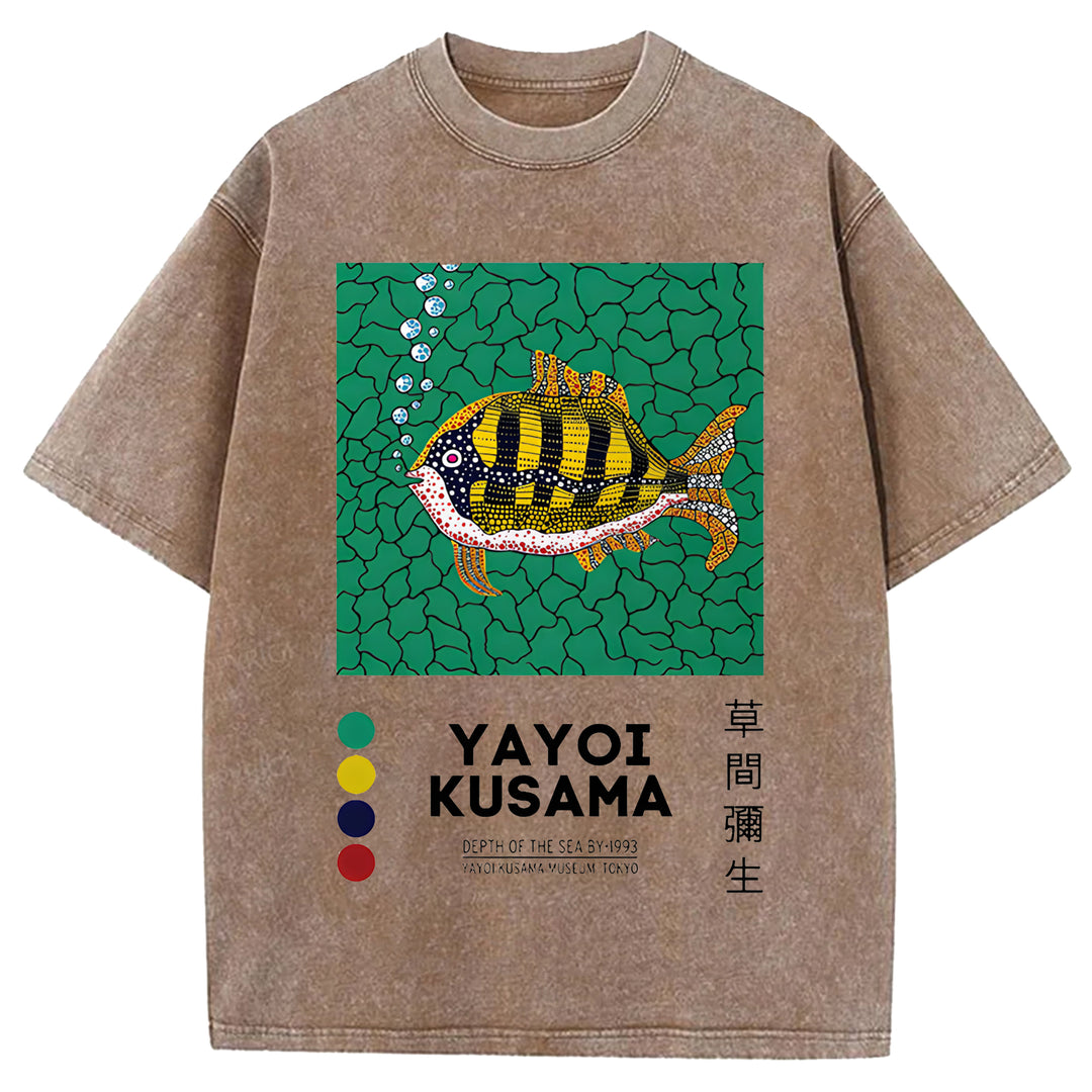 Yayoi Kusama Flower Vintage Japanese Design Washed Crew Neck T-Shirt