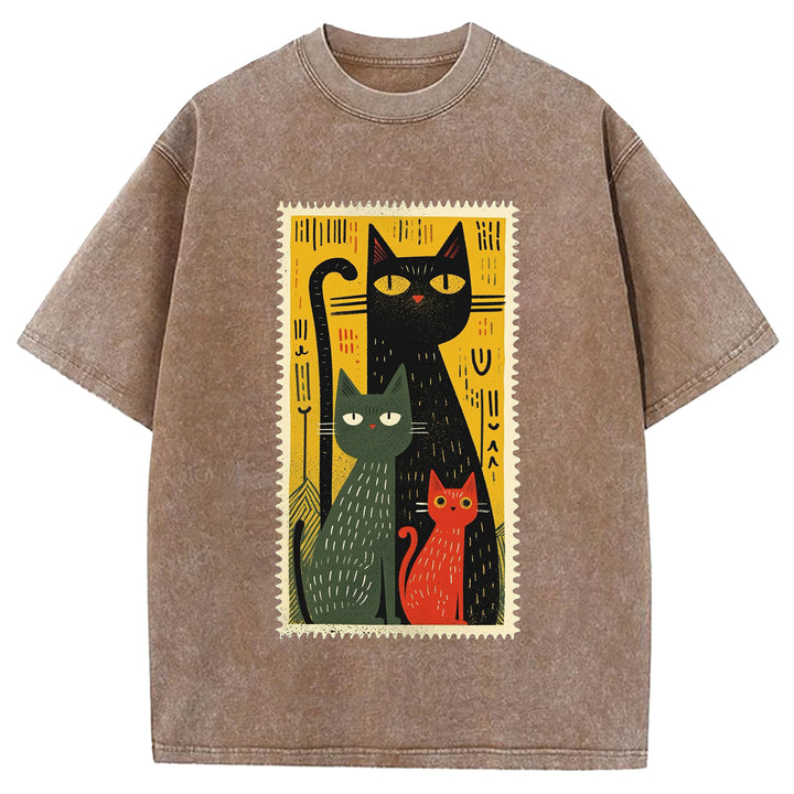 Vintage Cat Design Washed Crew Neck T-Shirt