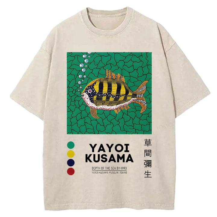 Yayoi Kusama Flower Vintage Japanese Design Washed Crew Neck T-Shirt