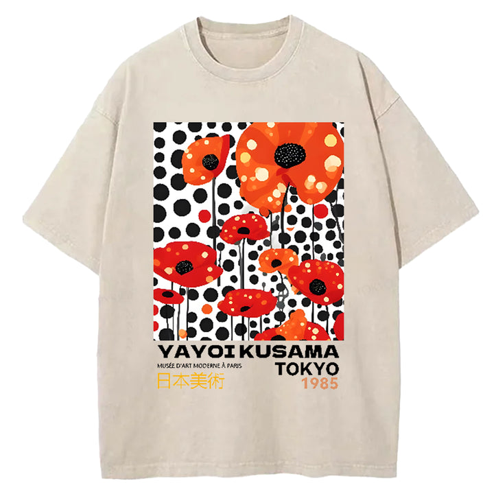 Yayoi Kusama Flower Vintage Japanese Design Washed Crew Neck T-Shirt