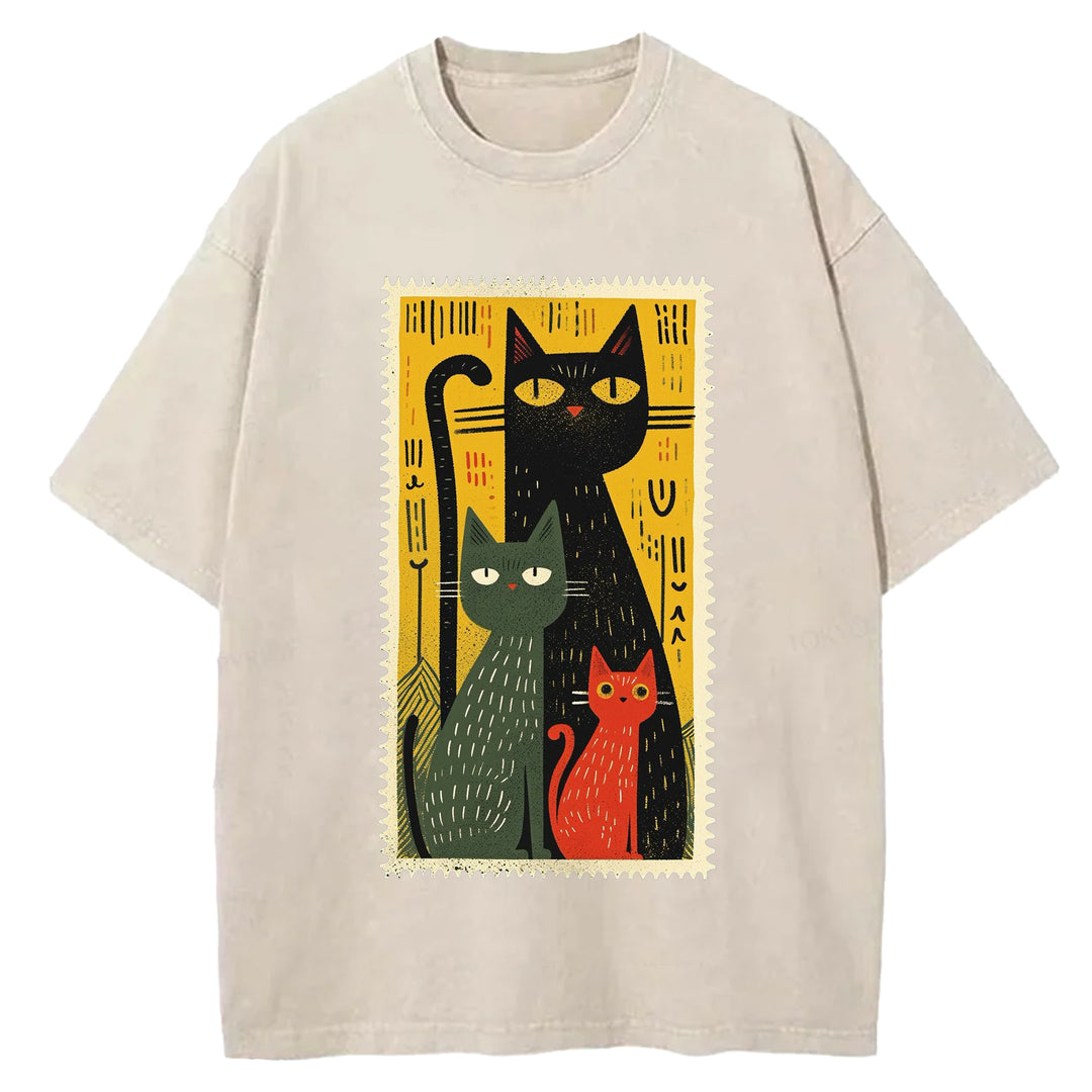 Vintage Cat Design Washed Crew Neck T-Shirt