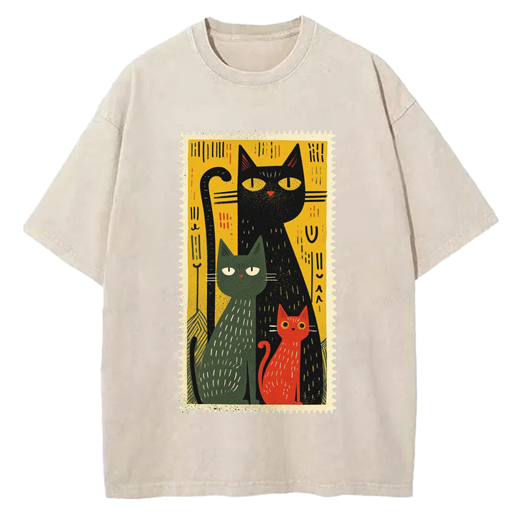 Vintage Cat Design Washed Crew Neck T-Shirt