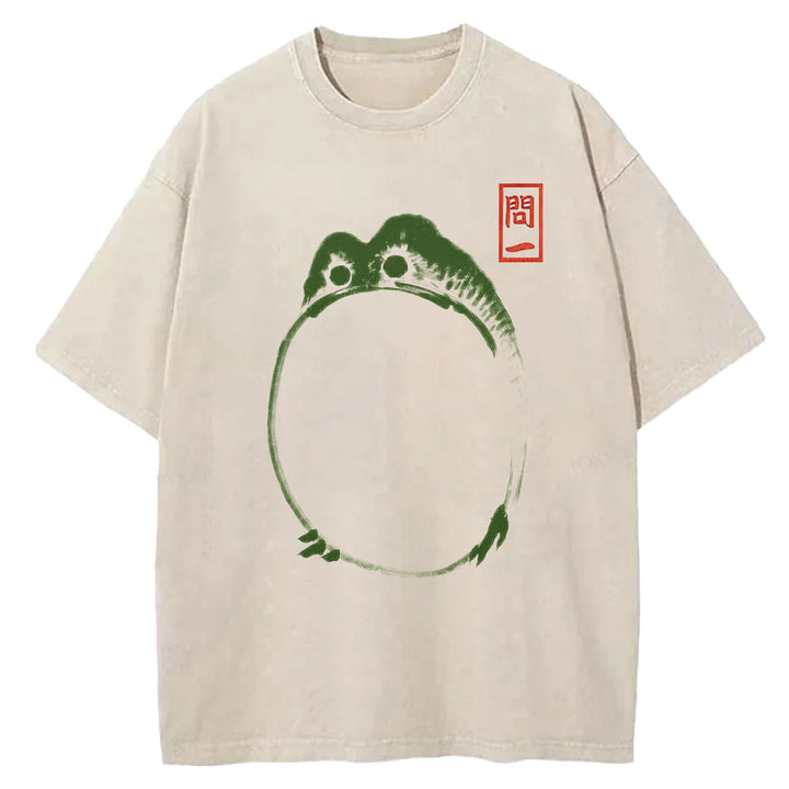 Retro Frog Design Washed Crew Neck T-Shirt