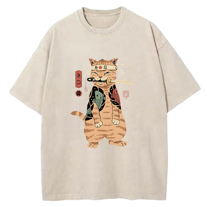 Japanese Samurai Cat Washed Crew Neck T-Shirt