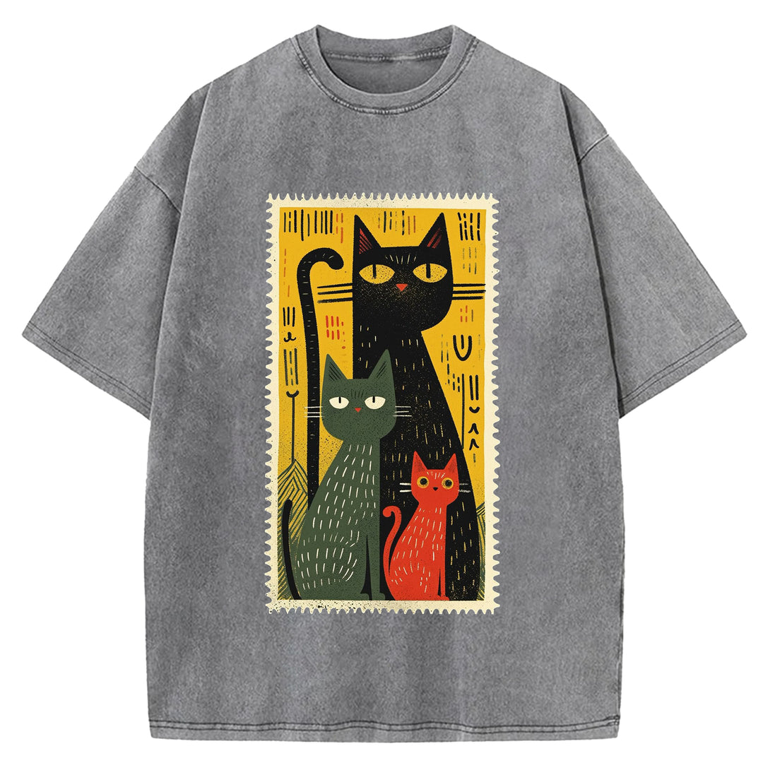 Vintage Cat Design Washed Crew Neck T-Shirt