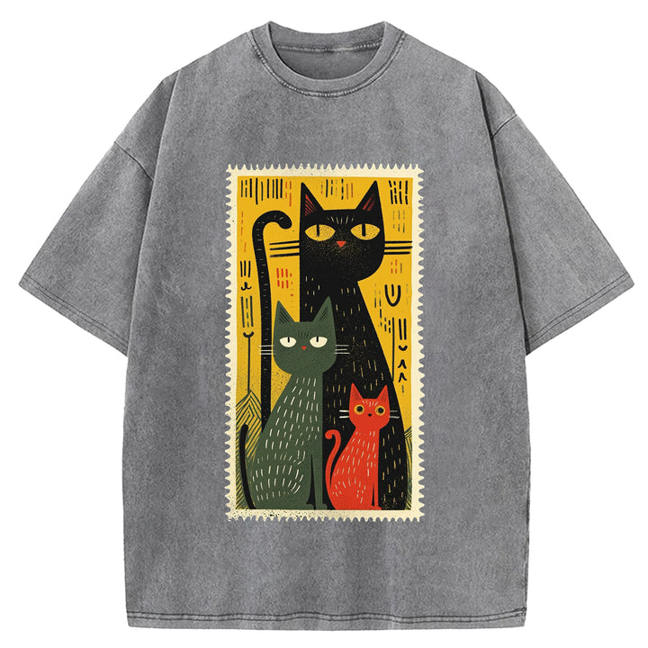 Vintage Cat Design Washed Crew Neck T-Shirt