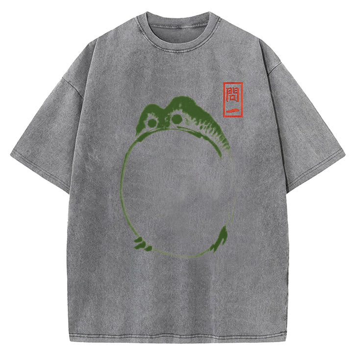 Retro Frog Design Washed Crew Neck T-Shirt