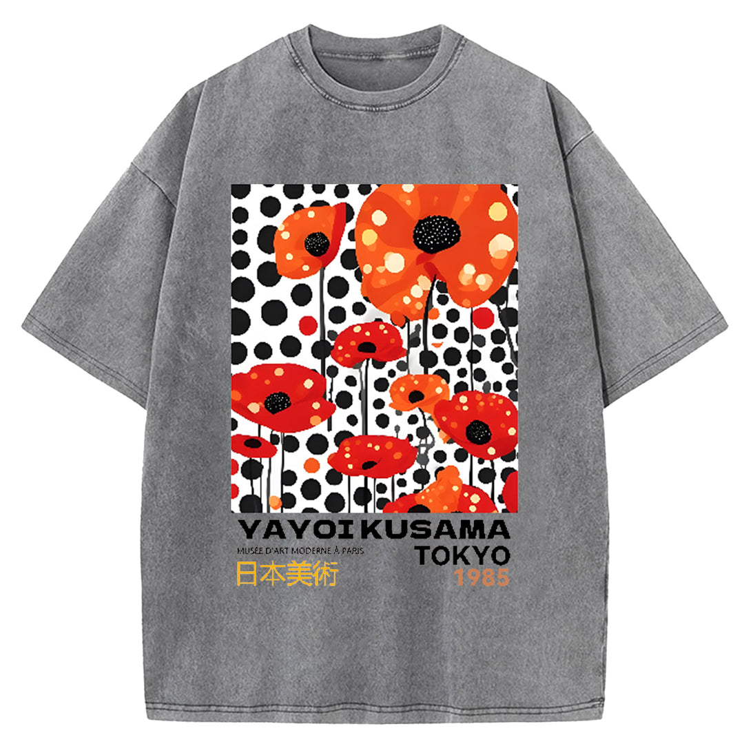 Yayoi Kusama Flower Vintage Japanese Design Washed Crew Neck T-Shirt