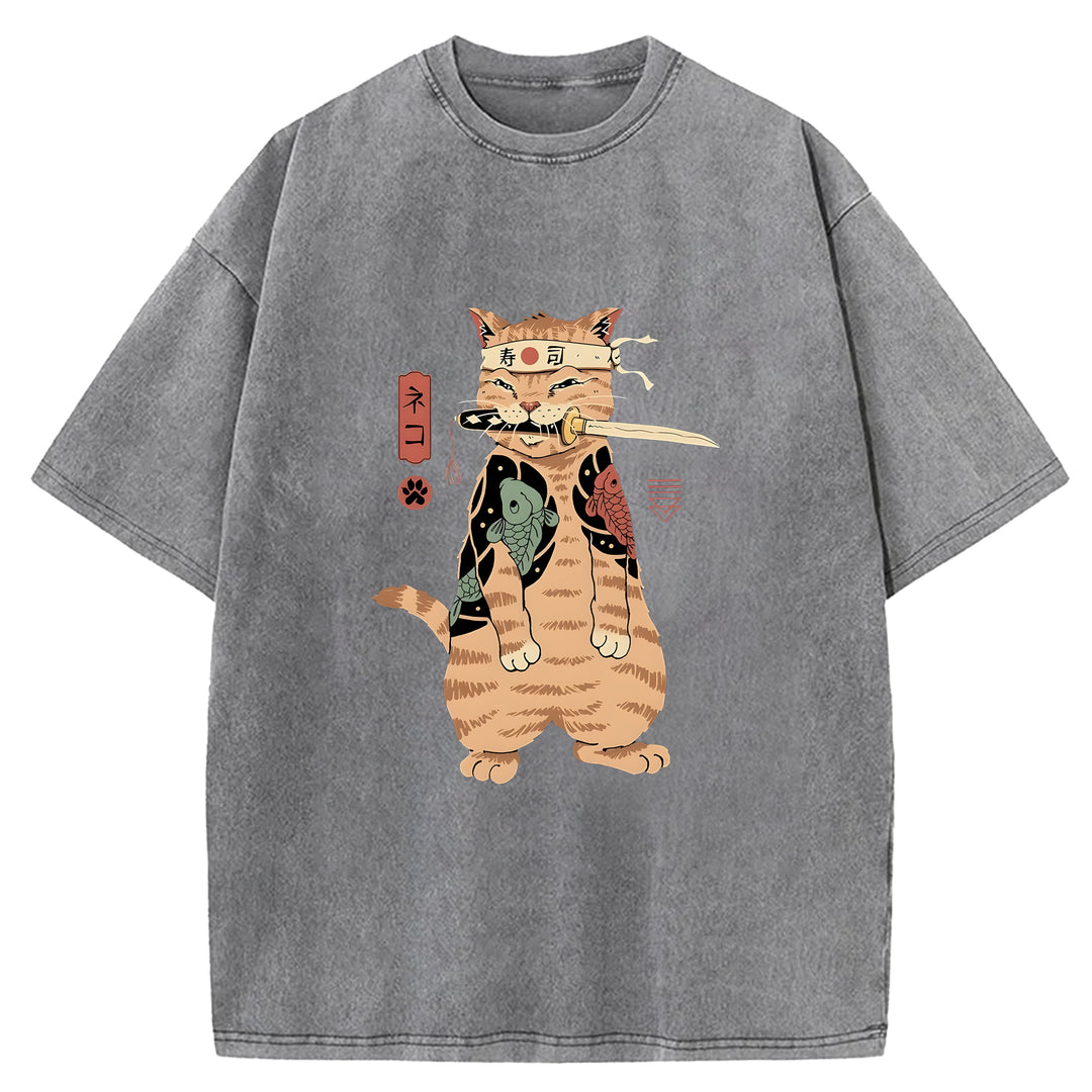 Japanese Samurai Cat Washed Crew Neck T-Shirt