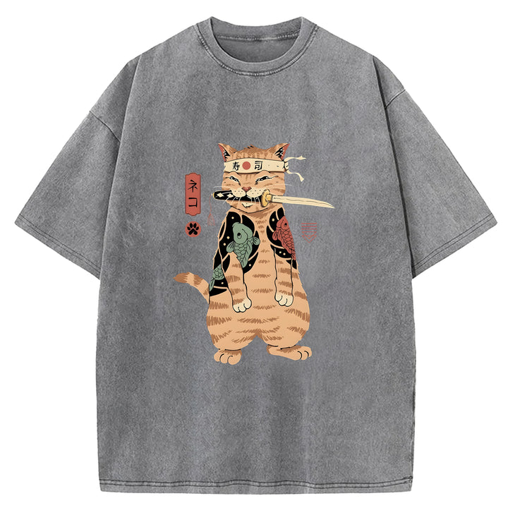 Japanese Samurai Cat Washed Crew Neck T-Shirt