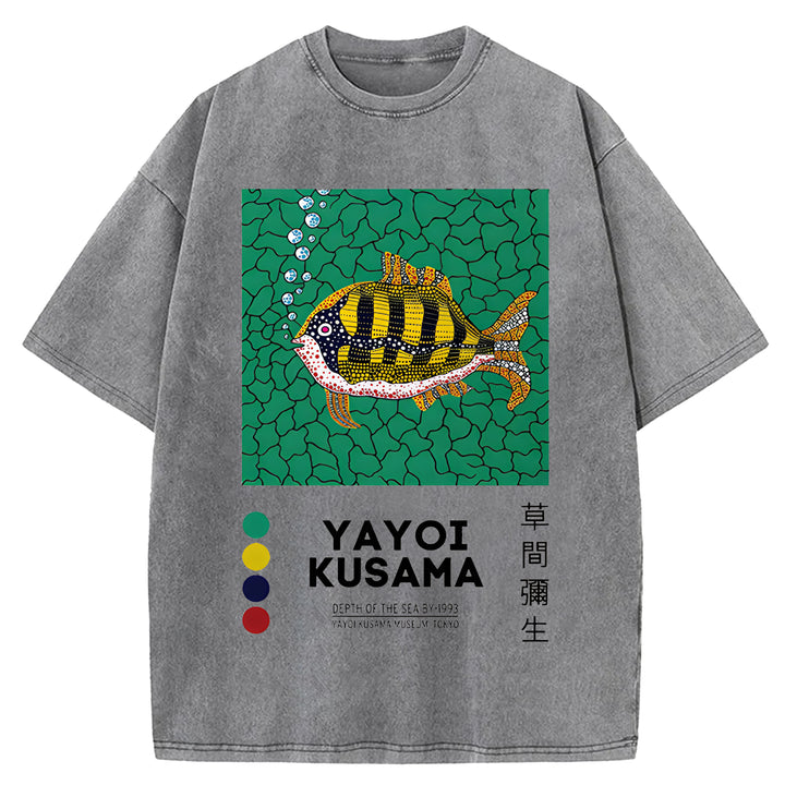 Yayoi Kusama Flower Vintage Japanese Design Washed Crew Neck T-Shirt