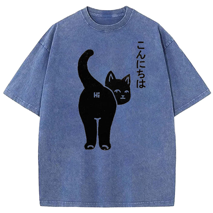 Funny Cat Washed Crew Neck T-shirt