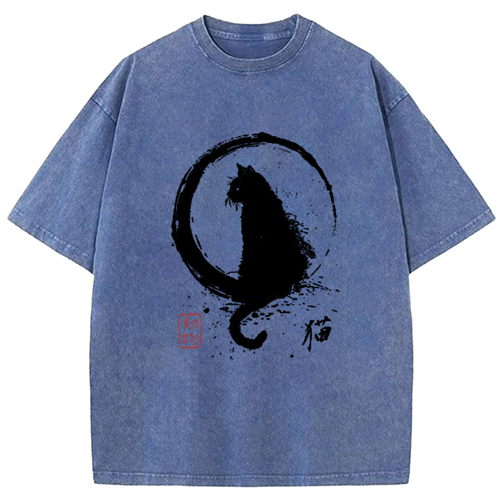 Ink Painted Cat Washed Crew Neck T-Shirt