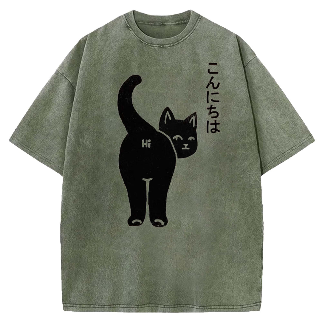 Funny Cat Washed Crew Neck T-shirt