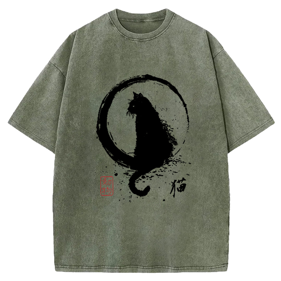 Ink Painted Cat Washed Crew Neck T-Shirt