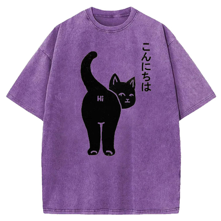 Funny Cat Washed Crew Neck T-shirt