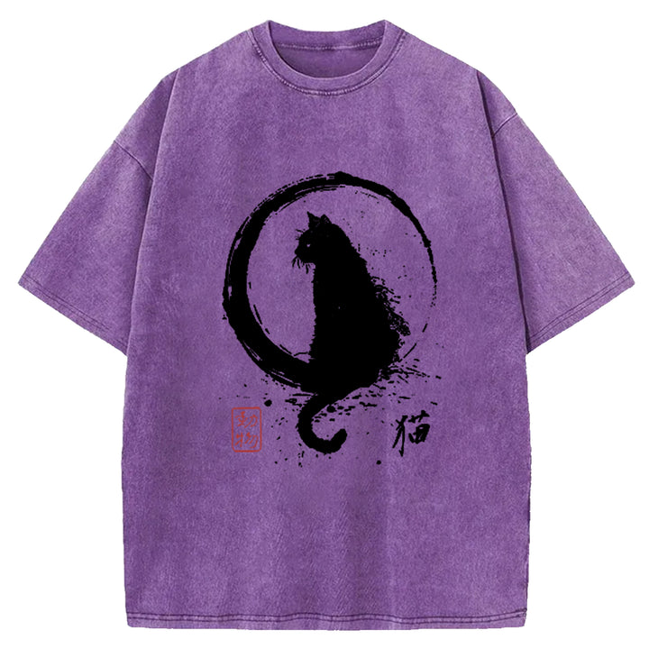 Ink Painted Cat Washed Crew Neck T-Shirt