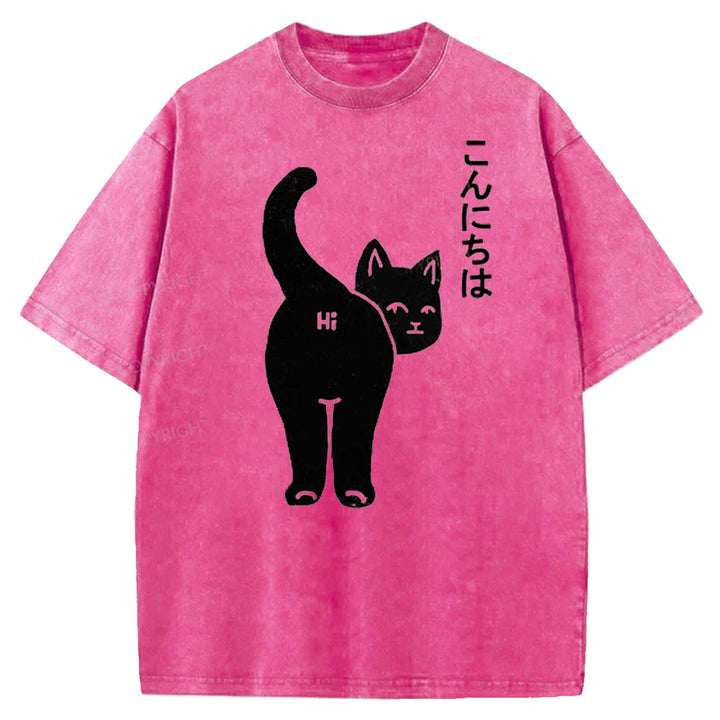 Funny Cat Washed Crew Neck T-shirt