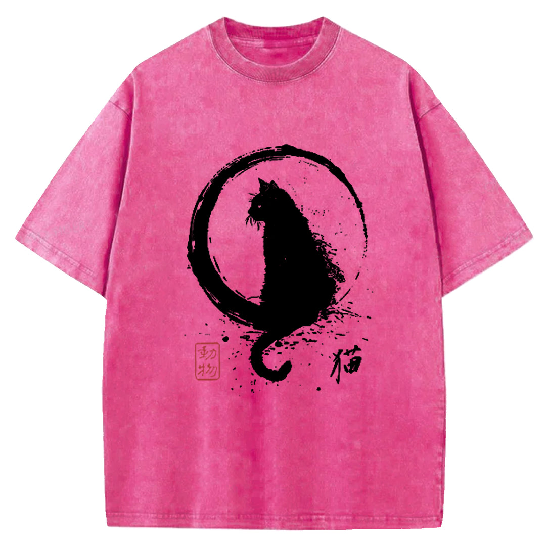 Ink Painted Cat Washed Crew Neck T-Shirt