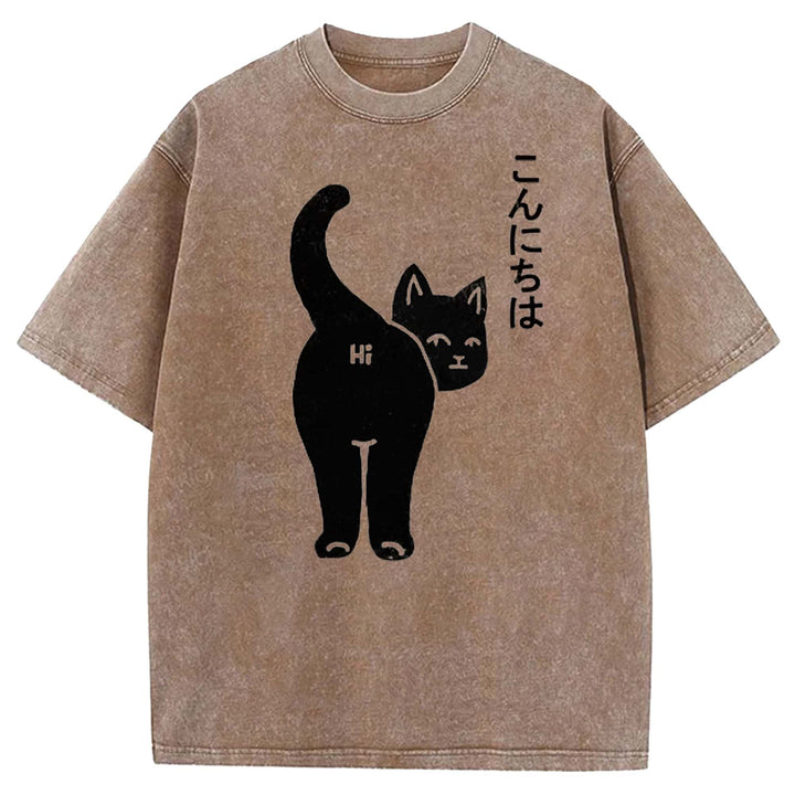 Funny Cat Washed Crew Neck T-shirt