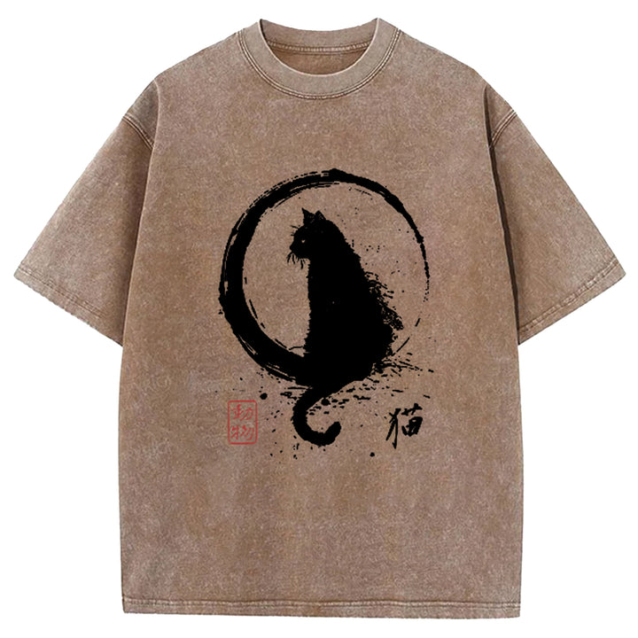 Ink Painted Cat Washed Crew Neck T-Shirt