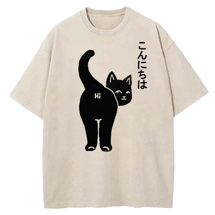 Funny Cat Washed Crew Neck T-shirt