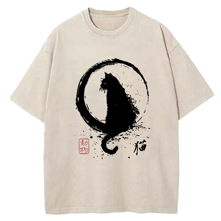Ink Painted Cat Washed Crew Neck T-Shirt